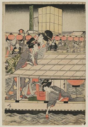 Kitagawa Utamaro: Enjoying the Evening Cool at Ryôgoku Bridge: Women Acrobats from Osaka (Ôsaka kudari onna karuwaza) - Museum of Fine Arts