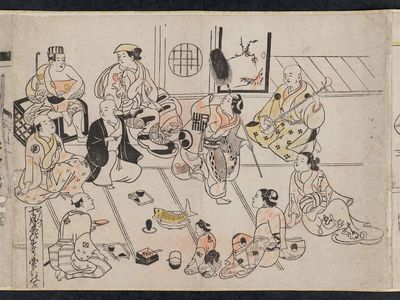 Okumura Masanobu: Townspeople at a Party for the Ebisu Festival in the Tenth Month (Chônin zu, Jûgatsu Ebisu-kô enkai no tei), from an untitled series of Customs of the Twelve Months - Museum of Fine Arts