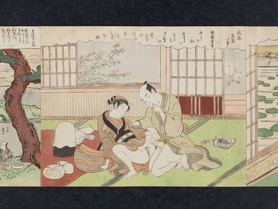 Suzuki Harunobu: Twilight Snow of the Floss-stretching Form (Nurioke bosetsu), from the series Fashionable Eight Views of the Parlor (Fûryû zashiki hakkei) - Museum of Fine Arts
