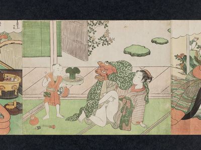 Suzuki Harunobu: Couple with Lion Dance Mask and Child with Drum - Museum of Fine Arts