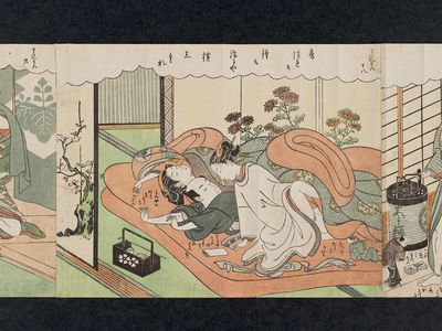 鈴木春信: No. 18 from the erotic series The Amorous Adventures of Mane'emon (Fûryû enshoku Mane'emon) - ボストン美術館