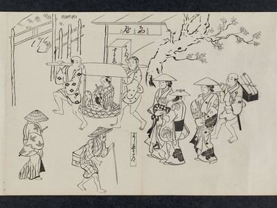 奥村政信: Yoshiwara chaya, from an untitled series of a visit to the Yoshiwara (known as Series L) - ボストン美術館