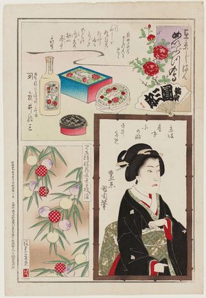 豊原国周: Pride of Tokyo--Famous Things: Products from a Drug Store Owned by Takei Ryuzo; The Geisha Konobu of Akasaka; Sample of a Beautiful Kimono Pattern - ボストン美術館