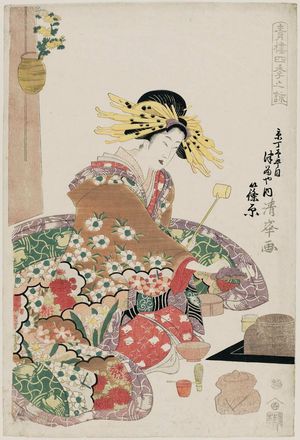 Torii Kiyomine: Shinowara of the Tsuruya in Kyô-machi Itchôme, from the series Songs of the Four Seasons in the Pleasure Quarters (Seirô shiki no uta) - Museum of Fine Arts