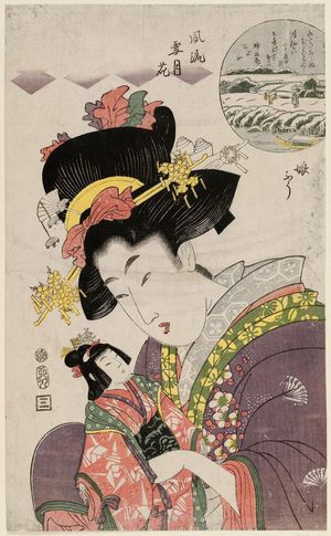 Kikugawa Eizan: Snow on the Sumida River: The Style of a Young Girl (Sumidagawa yuki, musume fû), from the series Fashionable Snow, Moon, and Flowers (Fûryû setsugekka) - Museum of Fine Arts