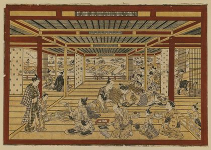 Okumura Masanobu: Large Perspective Picture of a Second-story Parlor in the New Yoshiwara, Looking toward the Embankment (Shin yoshiwara nikai zashiki dote o mitôshi ô-uki-e) - Museum of Fine Arts