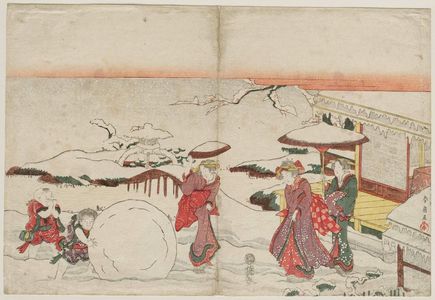 勝川春好: Women Watching Children Play in Snow - ボストン美術館