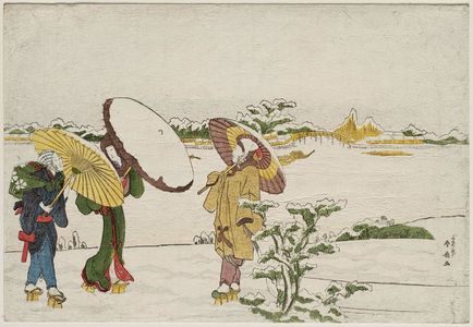 Katsukawa Shunko: Walking in Snow on the Riverbank by Mimeguri Shrine - Museum of Fine Arts
