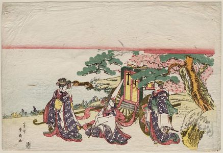 勝川春好: Women in a Parody of the Carriage-Pulling Scene (Kurumabiki) in the Play Sugawara Denju Tenarai Kagami - ボストン美術館