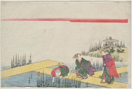 勝川春好: Women and Child Admiring Iris at Yatsuhashi - ボストン美術館