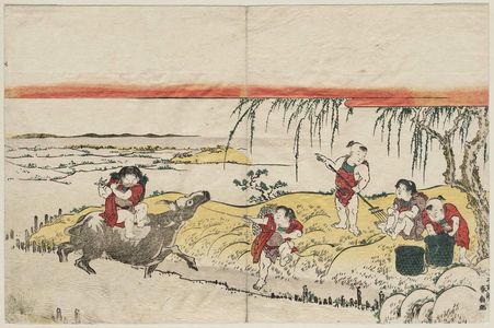 勝川春好: Children with an Ox - ボストン美術館