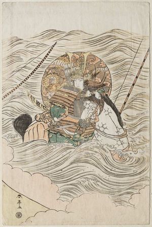 勝川春亭: Mounted warrior in water - ボストン美術館