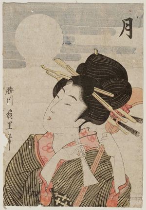 Japanese Print "Moon (Tsuki): Woman Holding Plectrum and Shamisen, probably from an untitled series of Snow, Moon, and Flowers (Setsugekka)" by Katsukawa Senri