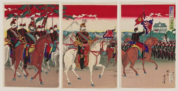 Toyohara Chikanobu: Illustration of a Military Review in Tokyo Attended by the Emperor (Tôkyô kanpeishiki gokô no zu) - Museum of Fine Arts