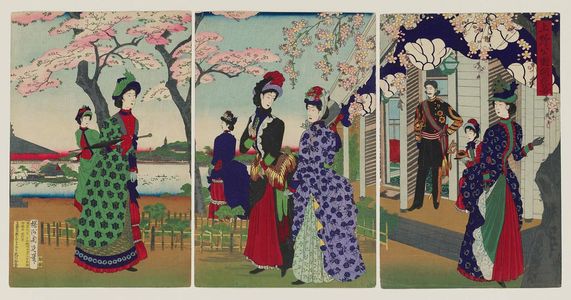 Toyohara Chikanobu: Illustration of Flowering Cherry Blossoms at Ueno Park (Ueno kôen kaika no zu) - Museum of Fine Arts