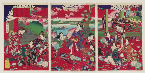 豊原周延: Excursion to Ueno Park with Cherry Blossoms in Full Bloom (Ueno yûen sakura hanazakari no zu) - ボストン美術館