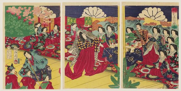 Toyohara Chikanobu: Beautiful Court Ladies in Spring: A Performance of the Play Dôjô-ji by the Kita School of Noh (Kita Nô Dôjô-ji, bijin no shun'oku) - Museum of Fine Arts
