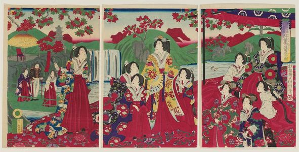 Utagawa Fusatane: Empress and Court Ladies Enjoying the Autumn Foliage (Momiji goyûran no zu) - Museum of Fine Arts