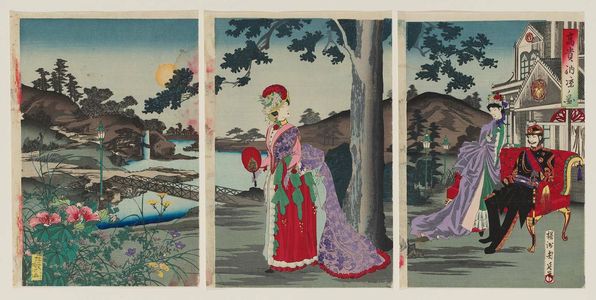 Toyohara Chikanobu: Nobility Enjoying the Cooling Air on a Summer Evening (Kôki nôkyô no zu) - Museum of Fine Arts