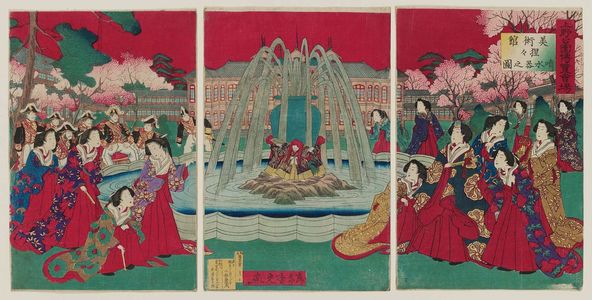 Kobayashi Toshimitsu: Illustration of Empress and her Ladies-In-Waiting Looking at Shojo Fountain at the Exhibition Grounds of Ueno Park - Museum of Fine Arts
