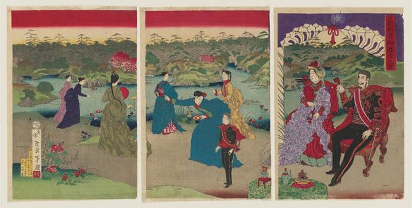 Ozaki Toshitane: Illustration of the Emperor and Empress Strolling in a Park (Kôen miyuki goyûho no zu) - Museum of Fine Arts