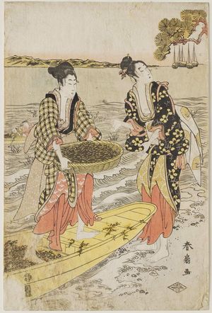 勝川春好: Women Gathering Seaweed - ボストン美術館