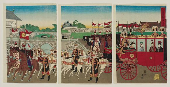 Toyohara Chikanobu: Promulgation of the Constitution: The Emperor Leaving the Palace (Kenpô happu, kôkyo goshutsumon no zu) - Museum of Fine Arts