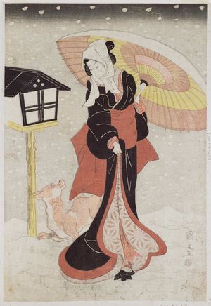 Utagawa Kunimaru: Woman with umbrella and dog in snow - ボストン美術館