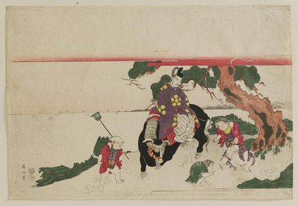 菊川英山: Sugawara Michizane (Kan Shôjô) Riding an Ox and Children Gathering Pine Needles - ボストン美術館