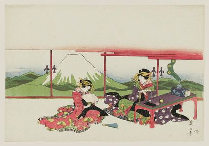 Kikugawa Eizan: Courtesans in a Room with Door-Panel Painting of Mount Fuji - Museum of Fine Arts