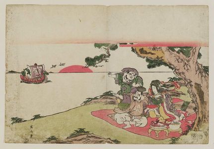 Kikugawa Eizan: Benten, Daikoku, and Ebisu at a Picnic as the Treasure Boat Arrives - Museum of Fine Arts