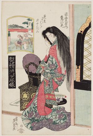 Keisai Eisen: Yoshida: Takanoo of the Sugata-Ebiya, from the series A Tôkaidô Board Game of Courtesans: Fifty-three Pairings in the Yoshiwara (Keisei dôchû sugoroku/Mitate Yoshiwara gojûsan tsui [no uchi]) - Museum of Fine Arts