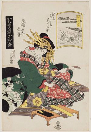 Keisai Eisen: Kanaya: Nagato of the Owariya, from the series A Tôkaidô Board Game of Courtesans: Fifty-three Pairings in the Yoshiwara (Keisei dôchû sugoroku/Mitate Yoshiwara gojûsan tsui [no uchi]) - Museum of Fine Arts