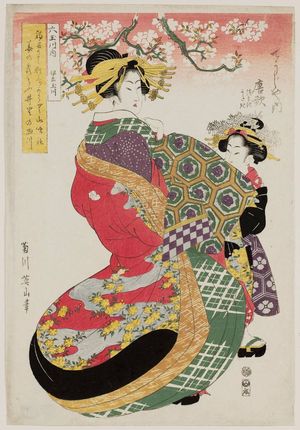 Kikugawa Eizan: The Ide Jewel River (Ide no Tamagawa): Karauta of the Chôjiya, kamuro Tsumaki and Utagi, from the series Six Jewel Rivers (Mu Tamagawa uchi) - Museum of Fine Arts