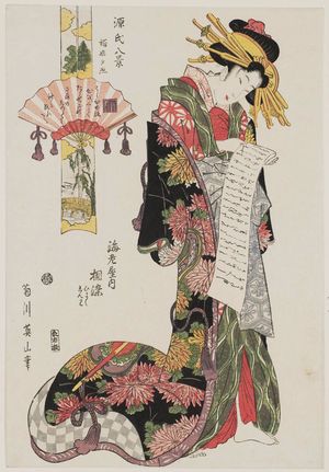 Kikugawa Eizan: Sunset Glow of Hashihime (Hashihime sekishô): Aizome of the Ebiya, kamuro Hiyoku and Kinna, from the series Eight Views of Genji (Genji hakkei) - Museum of Fine Arts