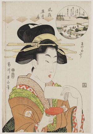 菊川英山: Moon at Takanawa: The Style of a Geisha (Takanawa tsuki, geisha fû), from the series Fashionable Snow, Moon, and Flowers (Fûryû setsugekka) - ボストン美術館