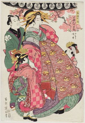 菊川英山: Hanamurasaki of the Tamaya, kamuro Kocho and - ボストン美術館