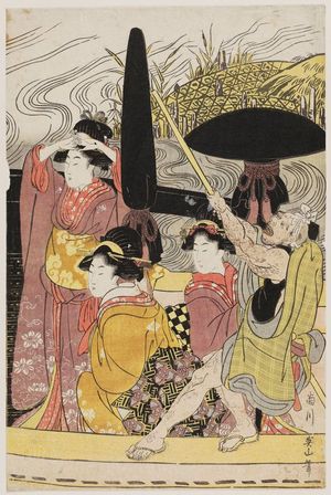 Kikugawa Eizan: A Procession of Beauties Crossing a River by Ferryboat - Museum of Fine Arts