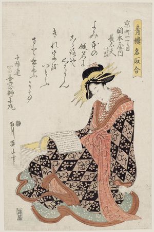 菊川英山: Chôdayû of the Okamotoya, kamuro Kakeo and Koyui, from the series (Seirô natori awase) - ボストン美術館