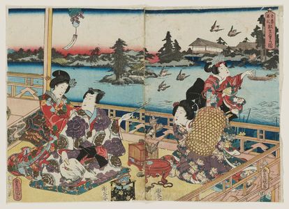 Utagawa Kunisada: Eastern Genji Performing the Ritual of Freeing Living Things (Azuma Genji hôjô-e no zu) - Museum of Fine Arts