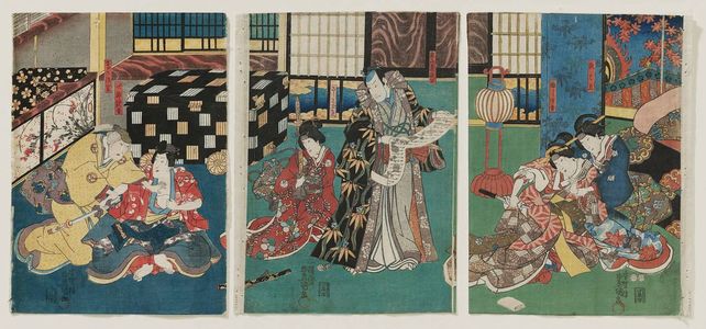 Utagawa Kunisada: Actors Azuma Ichinojô I as Sugibae, Onoe Kikujirô II as Fuji no Kata (R); Bandô Hikosaburô IV as Higashiyama Yoshimasa kô, Bandô Tamasaburô II(?) as Koshimoto Tamanae (C); Iwai Kumesaburô III as Jirô Kanja, Morita Kanya XI as Saga no Kôshitsu (L) - Museum of Fine Arts
