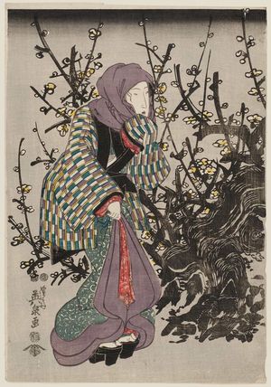 渓斉英泉: Woman by Plum Tree at Night - ボストン美術館