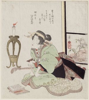 渓斉英泉: A courtesan reading music by candle light - ボストン美術館