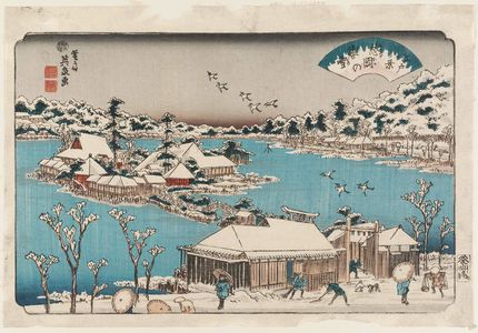 Keisai Eisen: Twilight Snow at Shinobugaoka (Shinobugaoka no bosetsu), from the series Eight Views of Edo (Edo hakkei) - Museum of Fine Arts