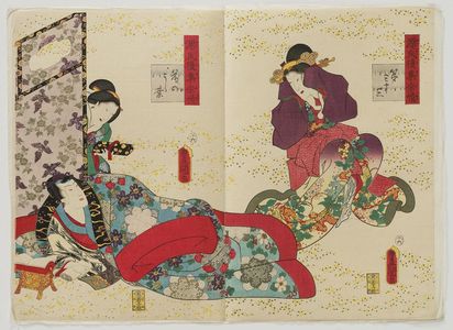 Utagawa Kunisada: Ch. 33, Fuji no uraba, from the series Lingering Sentiments of a Late Collection of Genji (Genji goshû yojô) [pun on The Fifty-four Chapters of the Tale of Genji (Genji gojûyojô)] - Museum of Fine Arts