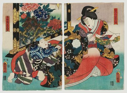 Utagawa Kunisada: Actors Nakamura Tomijûrô II as the Wet Nurse (Menoto) Shigenoi (R) and Ichimura Uzaemon XIII as Jinenjo no Sankichi (L) - Museum of Fine Arts