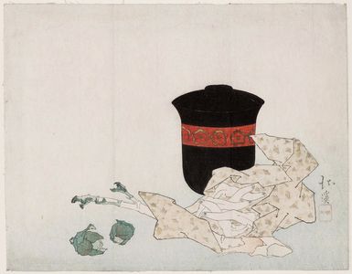Totoya Hokkei: Surimono. Covered lacquer jar for serving soup, fresh ginger root, two small green vegetables, fish (white bait) lying on fold of paper. - Museum of Fine Arts