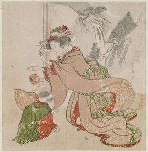 Teisai Hokuba: Woman bouncing a ball before a boy - Museum of Fine Arts