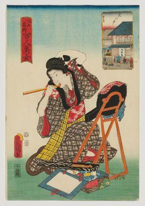 歌川国貞: Hanakawado, from the series One Hundred Beautiful Women at Famous Places in Edo (Edo meisho hyakunin bijo) - ボストン美術館