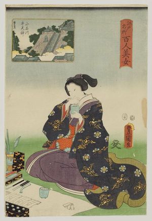 Japanese Print "Ushi Tenjin Shrine at Koishikawa (Koishikawa Ushi Tenjin), from the series One Hundred Beautiful Women at Famous Places in Edo (Edo meisho hyakunin bijo)" by Utagawa Kunisada, 歌川国貞 (Utagawa Kunisada I (Toyokuni III))